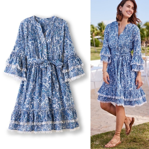 SOFT SURROUNDINGS Blue White Paisley Dress Lace Trim, Bell Sleeves, Tiered Hem - Picture 1 of 16